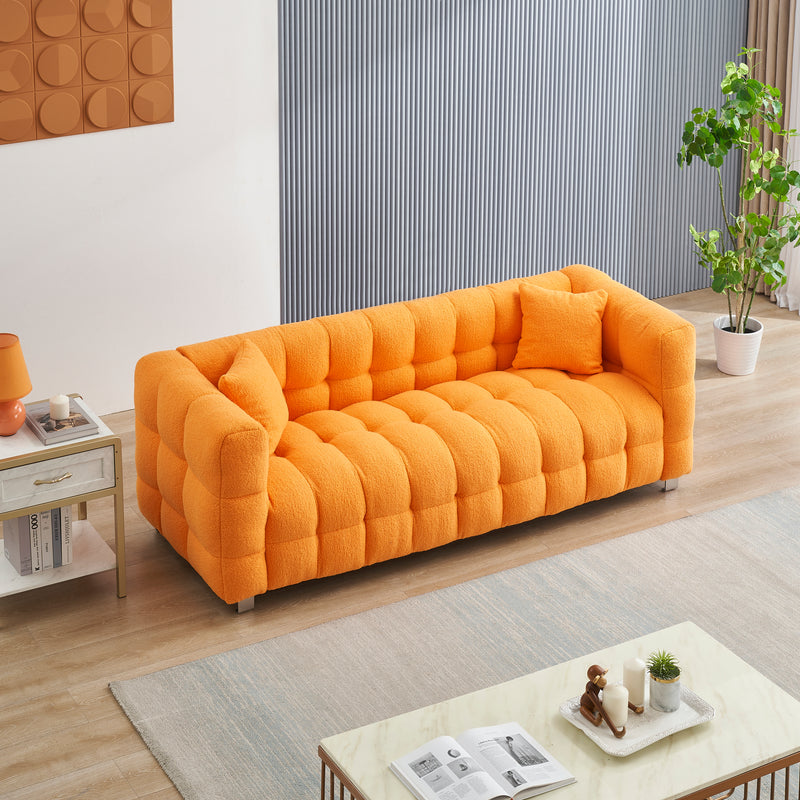 80-Inch Orange Teddy Fleece Sofa for Living Room or Bedroom, Including Two Throw Pillows & Sturdy Hardware Foot Support