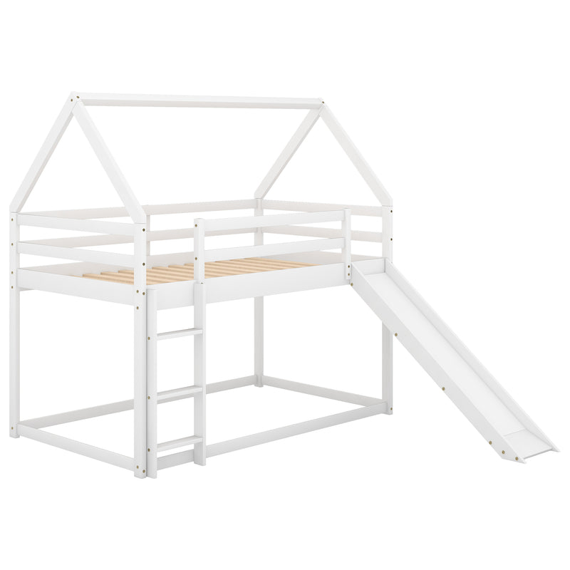 Twin Size Bunk House Bed with Slide and Ladder,White