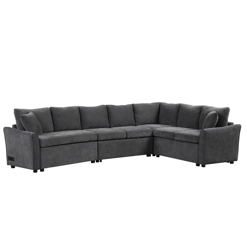 L-Shaped Sofa Convertible Sofa Bed Pull Out Sofa Sleeper With Two Back Pillows, Two USB Ports And Two Power Sockets For Living Room