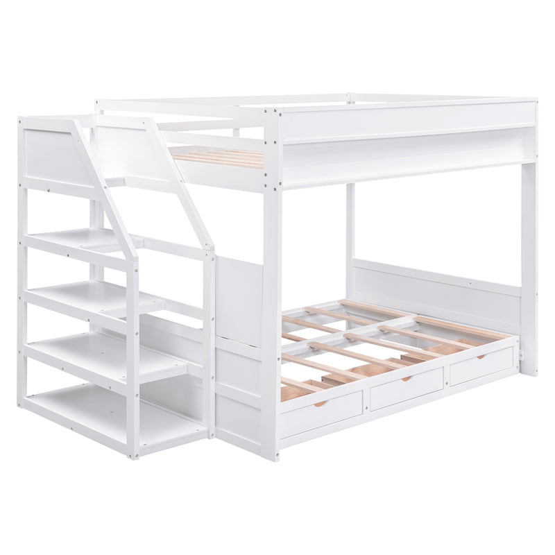 Wood Full Size Convertible Bunk Bed with Storage Staircase, Bedside Table, and 3 Drawers, White