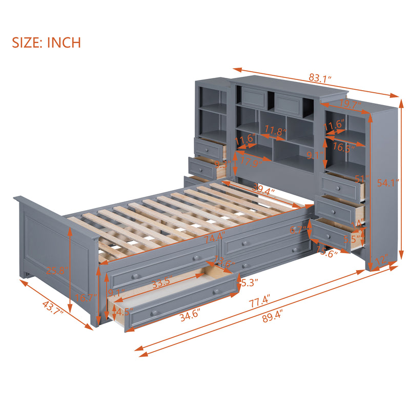 Twin Size Wood Platformbed with Vertical All-in-One Cabinet and 4 Drawers on each side, Gray