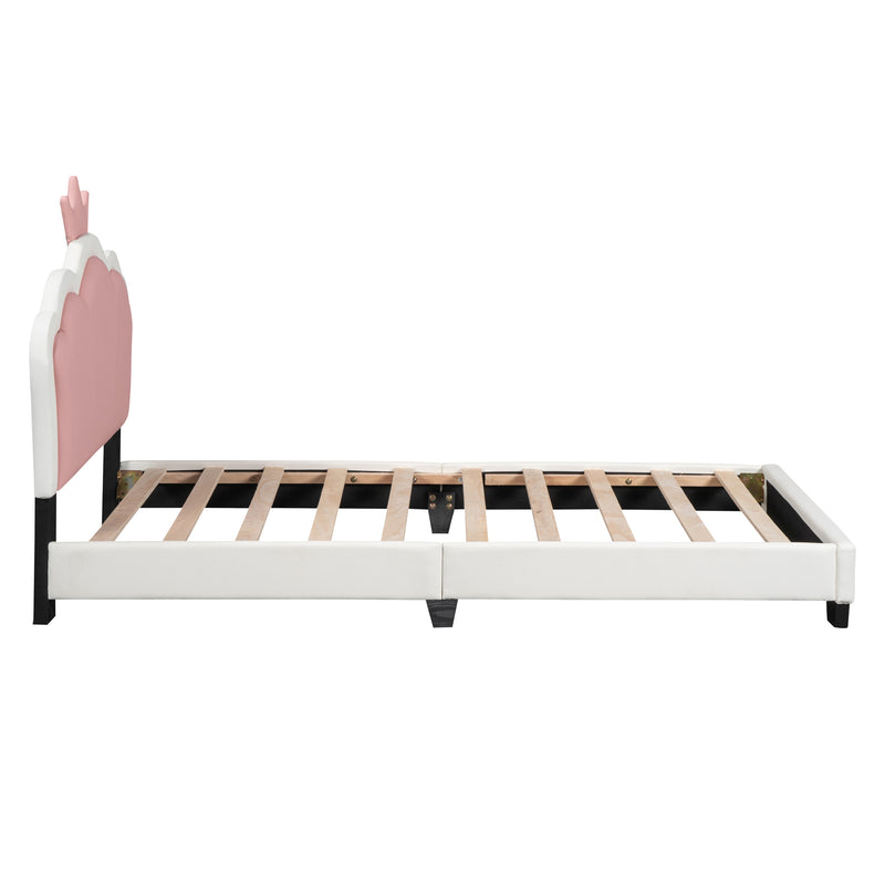 Twin size Upholstered Princess Bed With Crown Headboard,Twin Size Platform Bed with Headboard and Footboard, White+Pink