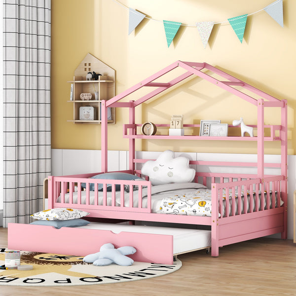 Wooden Full Size House Bed with Twin Size Trundle,Kids Bed with Shelf, Pink