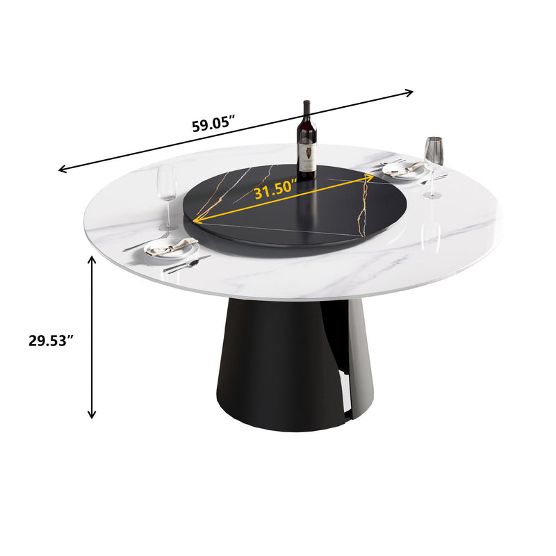 Modern Artificial Stone Round Carbon Steel Base Dining Table, Can Accommodate 6 People, Black Artificial Stone Turntable