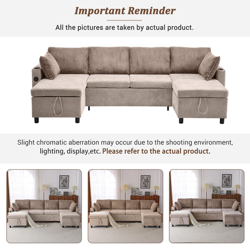 Sectional Sofa Pull Out Sofa Bed Versatile Sofa Sleeper With Large Storage Space, Two USB Ports And Two Cup Holders For Living Room