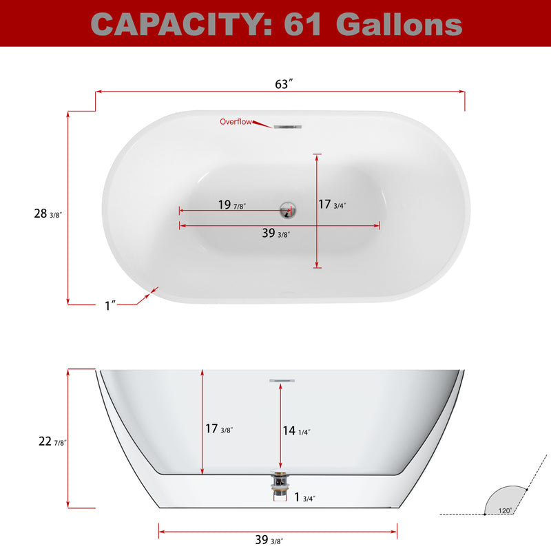 63" Shiny Acrylic Freestanding Soaking Bathtub With Chrome Overflow And Drain, Cupc Certified 22A09-63 - White