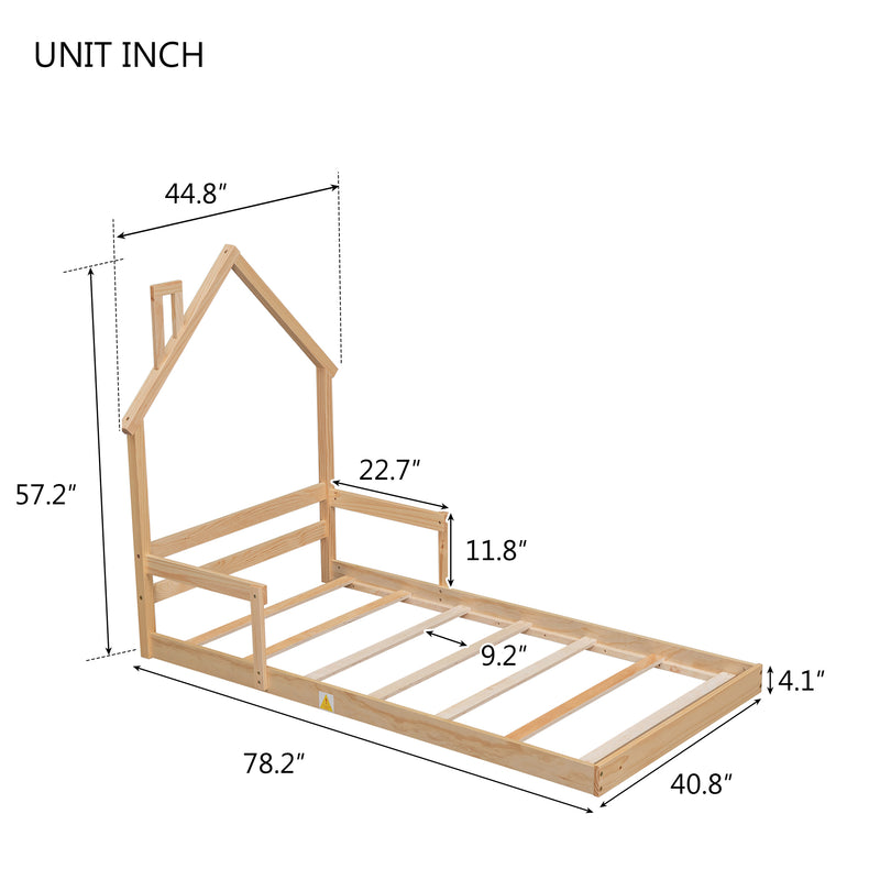 Twin House-Shaped Headboard Floor Bed with Handrails ,slats ,Natural