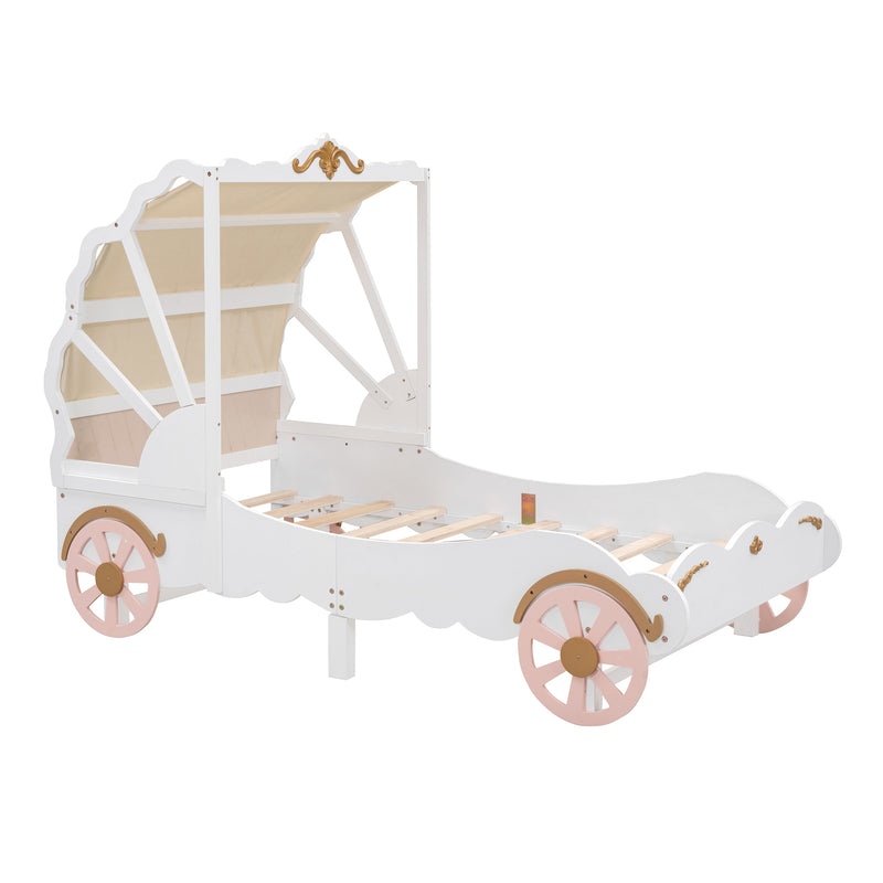 Twin Size Princess Carriage Bed with Canopy, Wood Platform Car Bed with 3D Carving Pattern, White+Pink+Gold