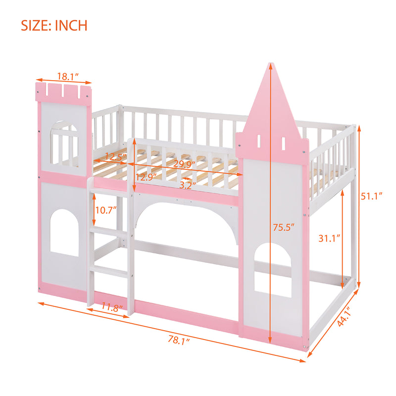 Twin Over Twin Castle Bunk Bed with Ladder - Pink