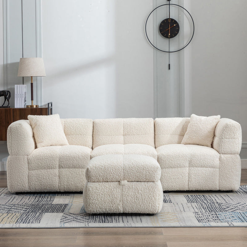 Sectional Sofa Cozy Teddy Fleece Sectional Sofa Couch With Two USB Ports A Movable Storage Ottoman And Two Lumbar Pillows For Living Room