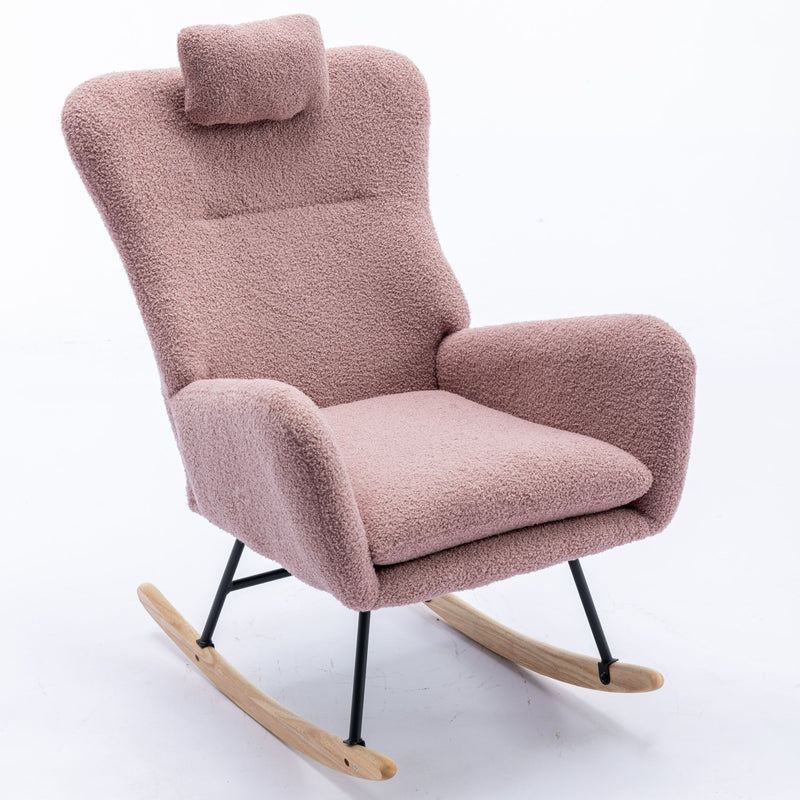 Rocking Chair With Pocket, Soft Teddy Fabric Rocking Chair For Nursery, Comfy Wingback Glider Rocker With Safe Solid Wood Base