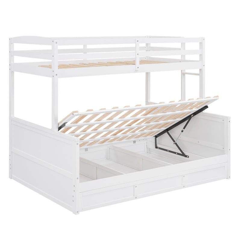 Wood Twin over Full Bunk Bed with Hydraulic Lift Up Storage, White