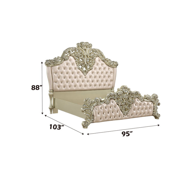 Vatican - Eastern King Bed - PU Leather, Light Gold & Champagne Silver Finish