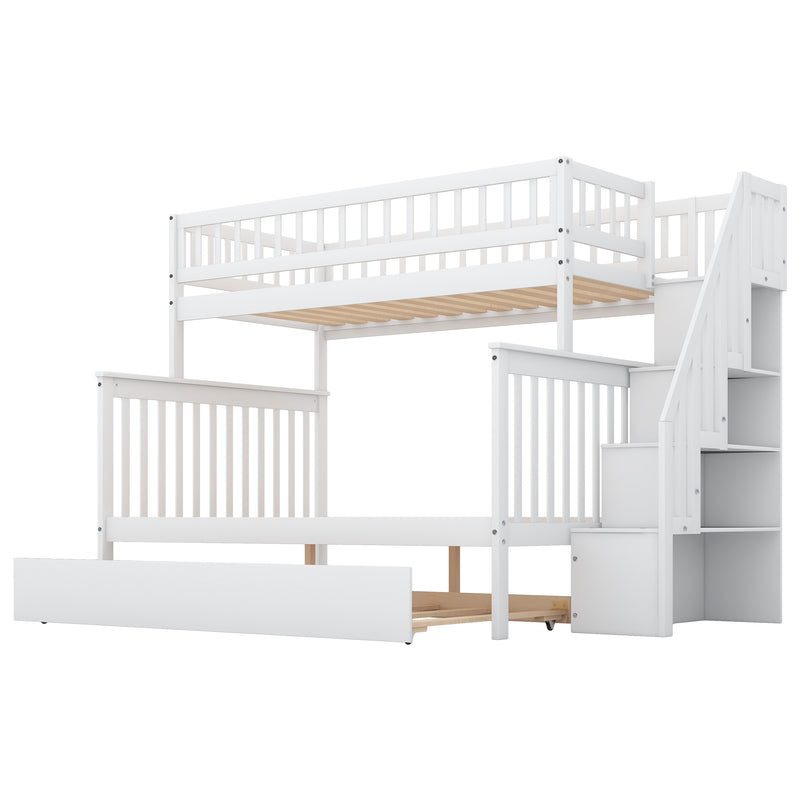 Twin over Full Bunk Bed with Trundle and Staircase,White