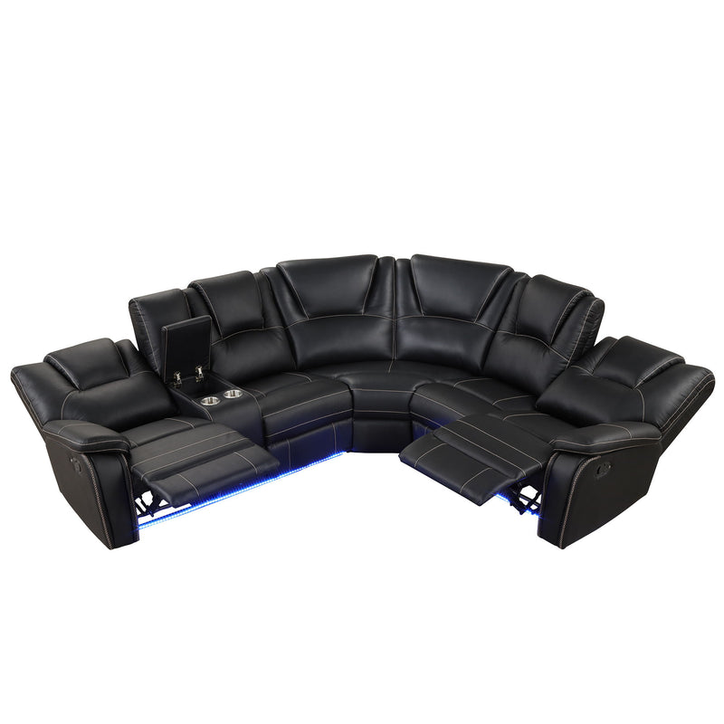 Modern Faux Leather Manual Reclining With Center Console With LED Light Strip, Living Room Furniture Set, PU Symmetrical Couch With 2 Cup Holders And Storage For Living Room