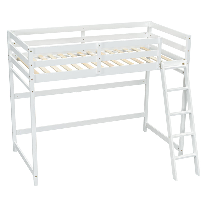 Twin Size High Loft Bed with inclined Ladder, Guardrails,White