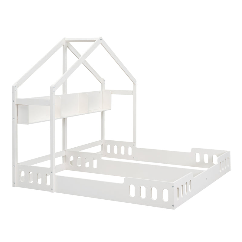 Wood Twin Size House Platform Beds,Two Shared Beds with Shelves and Guardrail, Creamy White