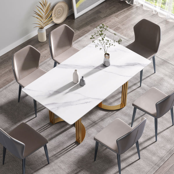 63" Modern Artificial Stone Straight Edge Metal Leg Dining Table, 6 People - White / Gold