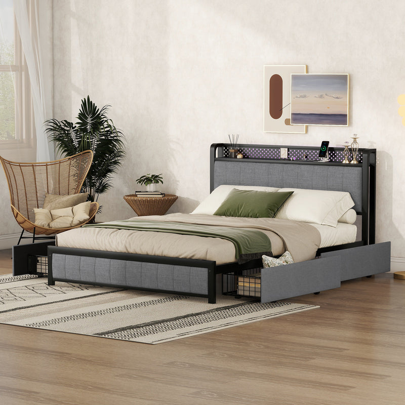 Queen Bed Frame with LED Headboard, Upholstered Bed with 4 Storage Drawers and USB Ports, Light Grey