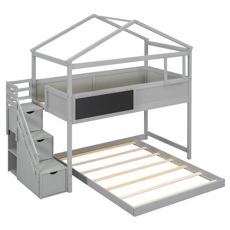 Twin over Full House Bunk Bed with Storage Staircase and Blackboard,Gray(Old SKU: GX001701AAE)