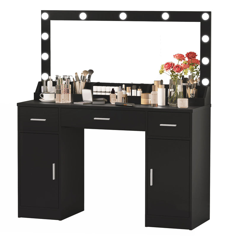 Vanity Desk With Large Mirror, 3 Colour Lighting Modes, Adjustable Brightness, Dresser With 3 Drawers & 2 Vertical Cabinets, Makeup Vanity Table For Women & Girls