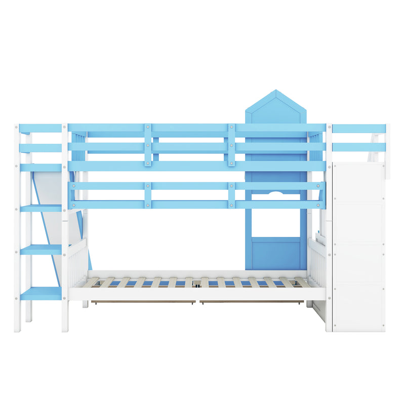 Twin-Over-Twin Castle Style Bunk Bed with 2 Drawers 3 Shelves and Slide - Blue