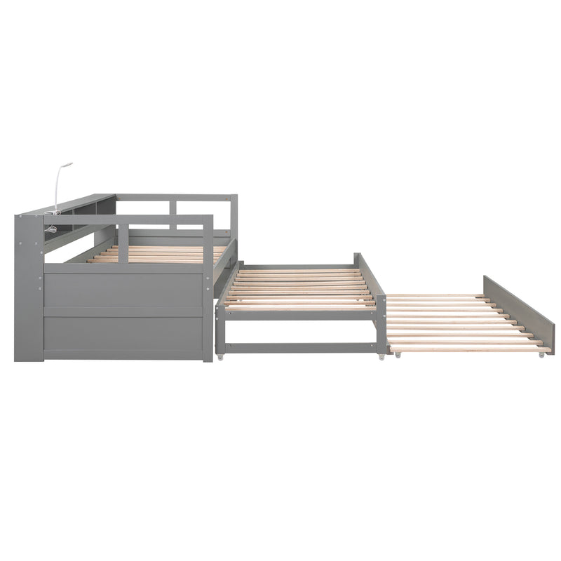 Twin XL Wood Daybed with 2 Trundles, 3 Storage Cubbies, 1 Light for Free and USB Charging Design, Gray