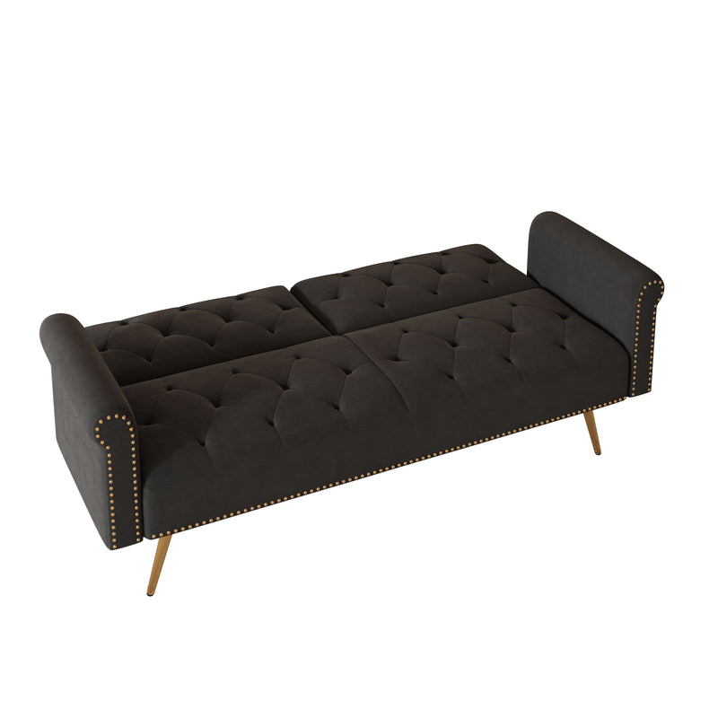 Velvet Nail Head Sofa Bed With Throw Pillow