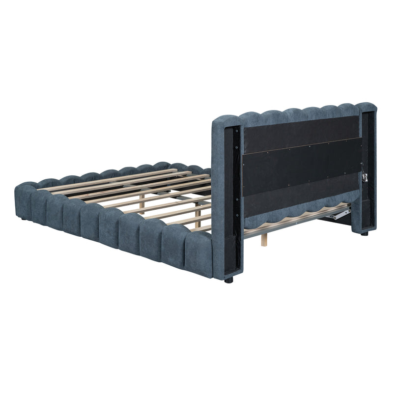 Queen Size Upholstered Platform Bed with LED Headboard and USB, Deep Blue