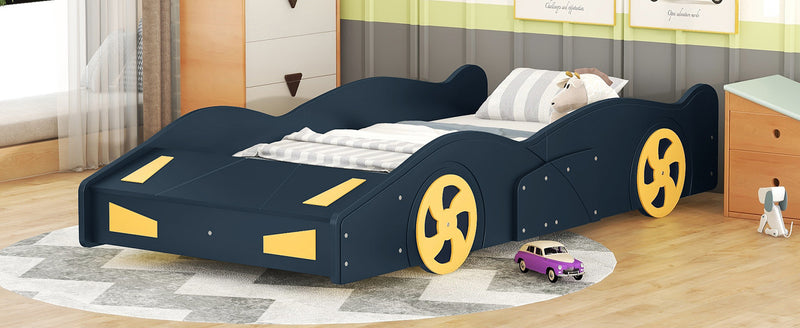 Twin Size Race Car-Shaped Platform Bed with Wheels and Storage, Dark Blue+Yellow