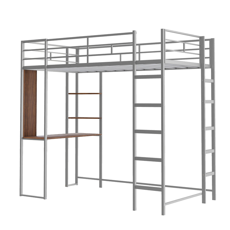 Twin Metal Loft Bed with 2 Shelves and one Desk ,Silver(Old SKU: MF281206AAN)