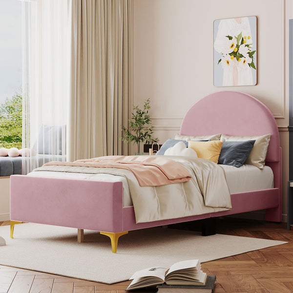 Twin Size Upholstered Platform Bed with Classic Semi-circle Shaped headboard and Mental Legs, Velvet, Pink