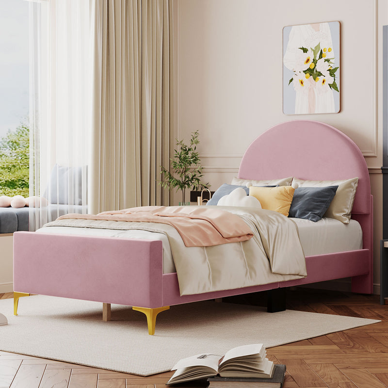 Twin Size Upholstered Platform Bed with Classic Semi-circle Shaped headboard and Mental Legs, Velvet, Pink