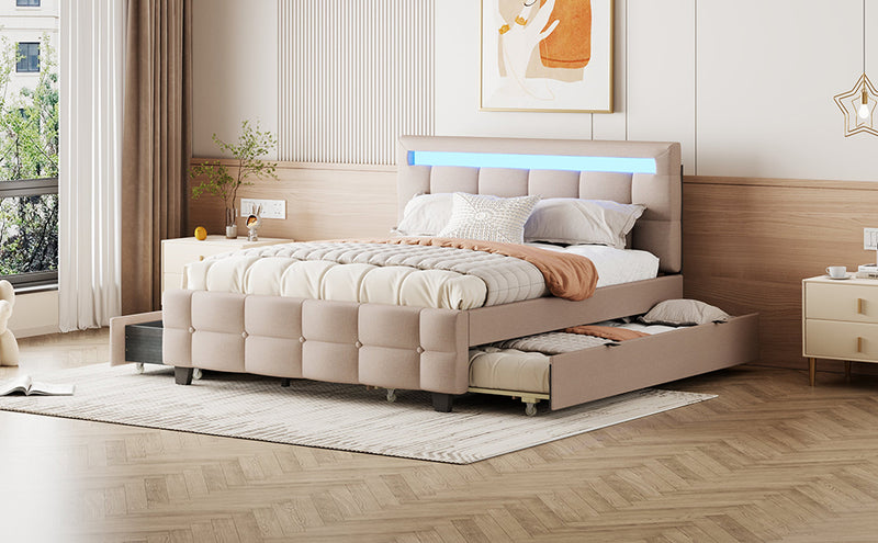 Queen Size Upholstered Platform Bed with LED Frame, with Twin XL Size Trundle and 2 drawers, Linen Fabric, Beige