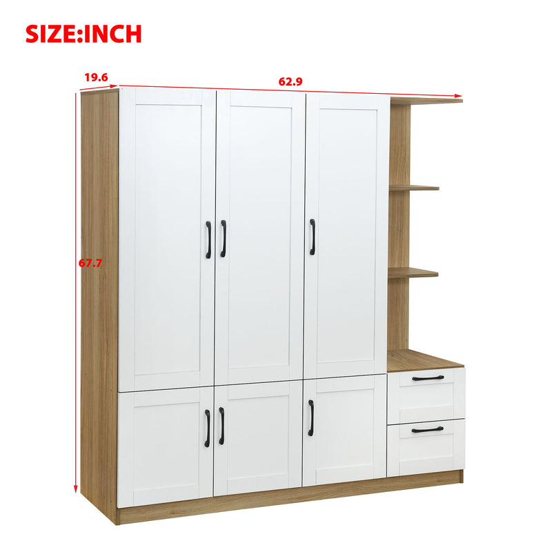 3 Door Storage Wardrobe For Dedroom With Shelves And 2 Drawers, Side Storage Shelves