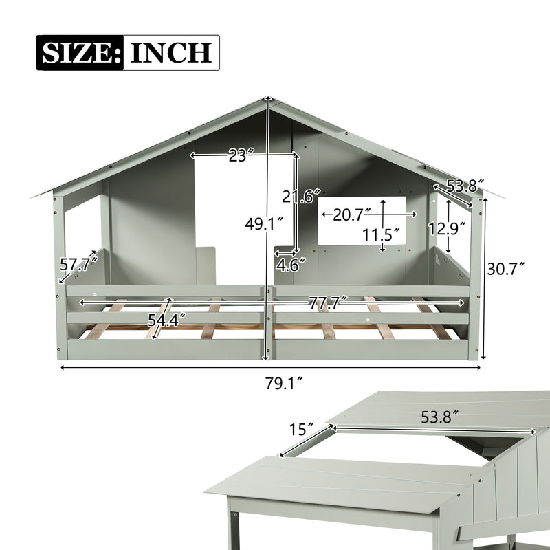 Wood Full Size House Bed with Roof, Window and Guardrail, Light Green