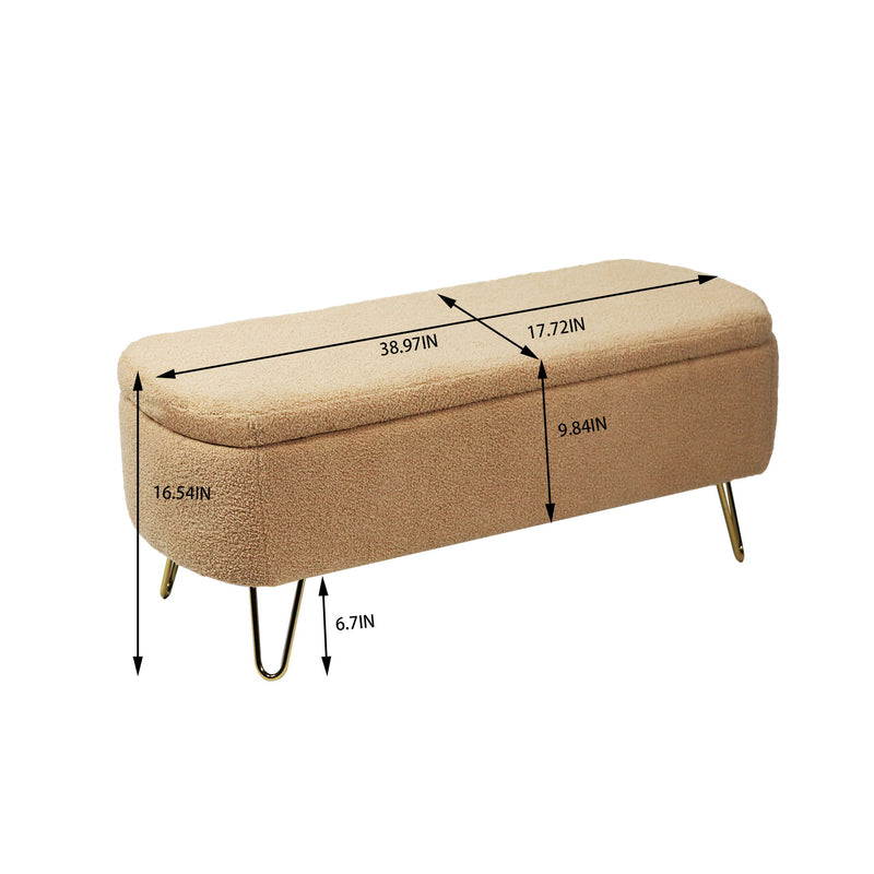 Storage Ottoman Bench For End Of Bed Gold Legs, Modern Camel Faux Fur Entryway Bench Upholstered Padded With Storage For Living Room Bedroom