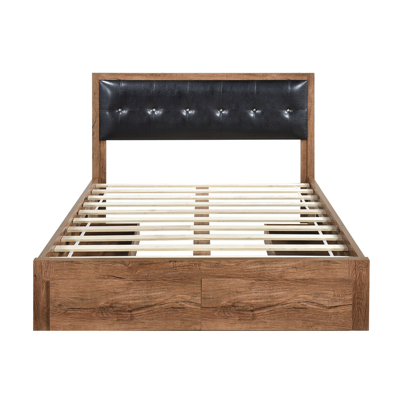 Queen Size Wood Platform Bed with Upholstered Headboard and 4 Drawers