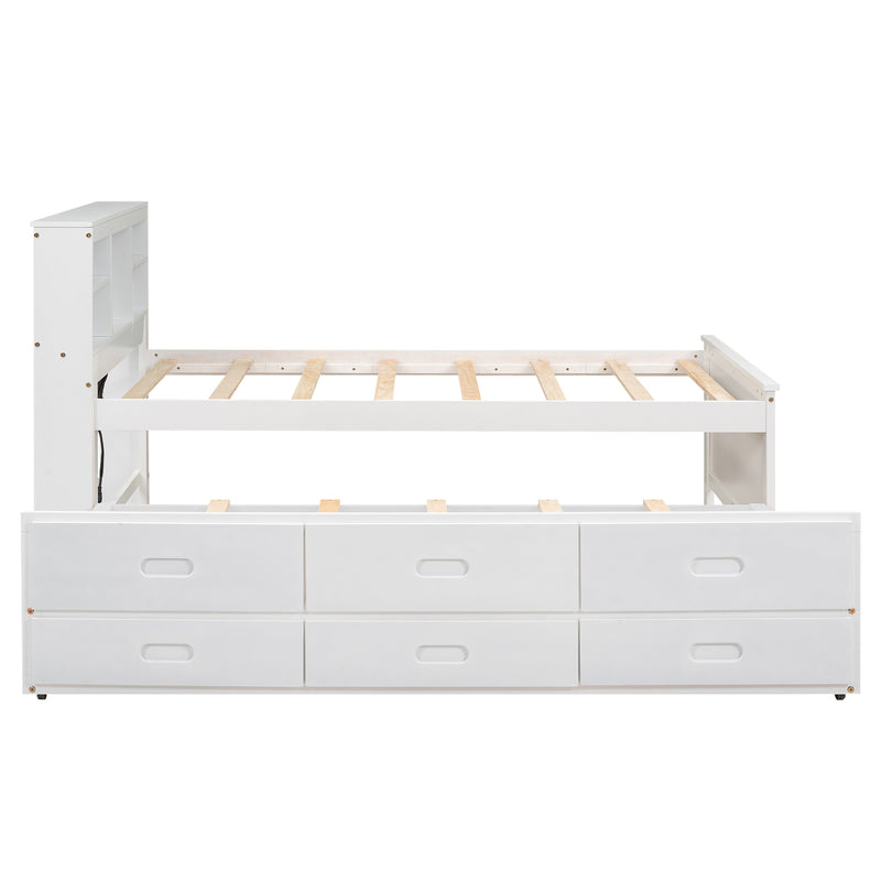 Twin Size Platform Bed with Storage Headboard, USB, Twin Size Trundle and 3 Drawers, White