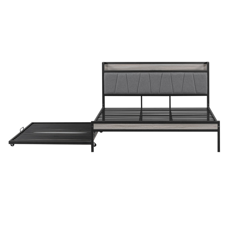 Queen Size Metal Platform Bed Frame with Twin size trundle, Upholstered headboard, Sockets, USB Ports and Slat Support, No Box Spring Needed, Black