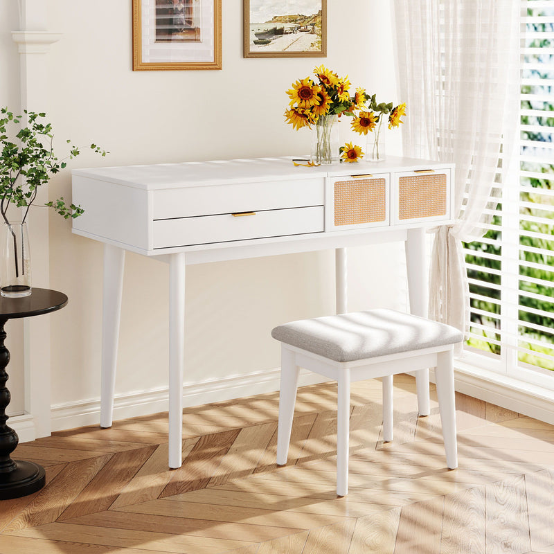 Classic Wood Makeup Vanity Set With Flip-Top Mirror And Stool, Dressing Table With Three Drawers And Storage Space