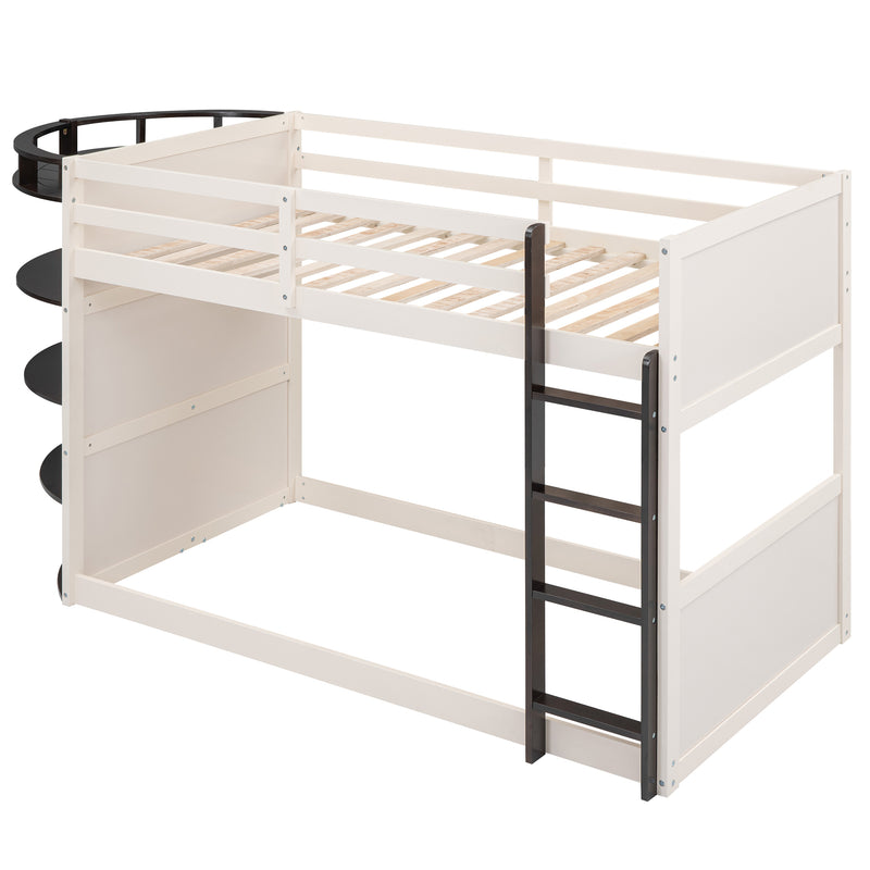 Twin over Twin Boat-Like Shape Bunk Bed with Storage Shelves, Cream+Espresso