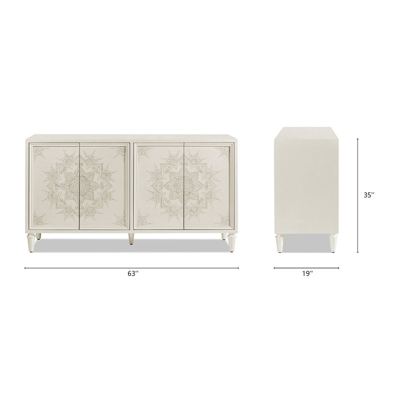 Mahal - Hand Painted Mandala Lacquered Sideboard - Ivory Off-White