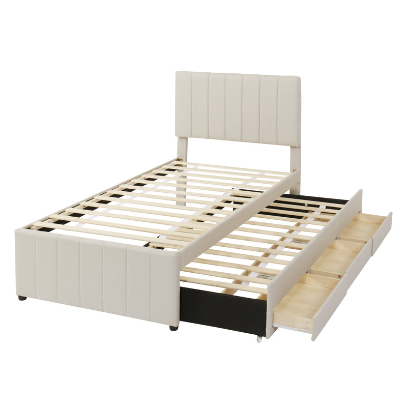 Twin Size Upholstered Platform Bed with Trundle and 3 Drawers, Linen Fabric, Beige