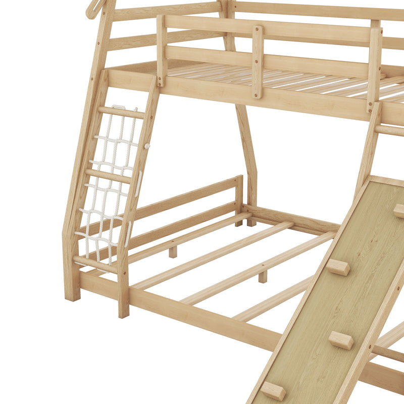 Twin Over Queen House Bunk Bed With Climbing Nets And Climbing Ramp