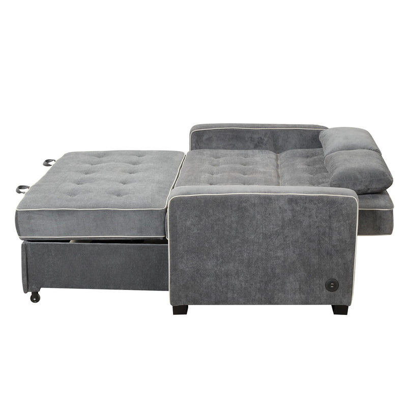 Upholstered Sleeper Bed, Pull Out Sofa Bed Couch Attached Two Throw Pillows, Dual USB Charging Port And Adjustable Backrest