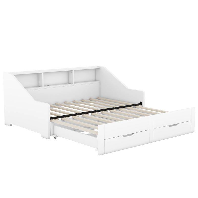 Twin to King Size Daybed Frame with Storage Bookcases and Two Drawers,Charging Design,White