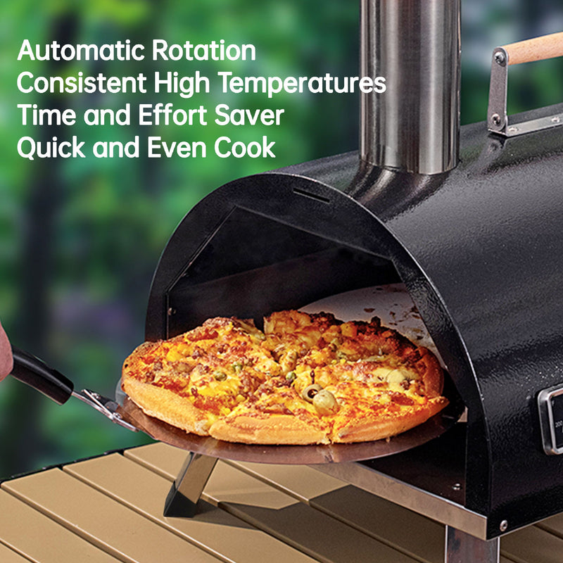 Pizza Oven Outdoor 12" Automatic Rotatable Pizza Ovens Portable Stainless Steel Wood Fired Pizza Oven Pizza Maker With Built-In Thermometer Pizza Cutter Carry Bag