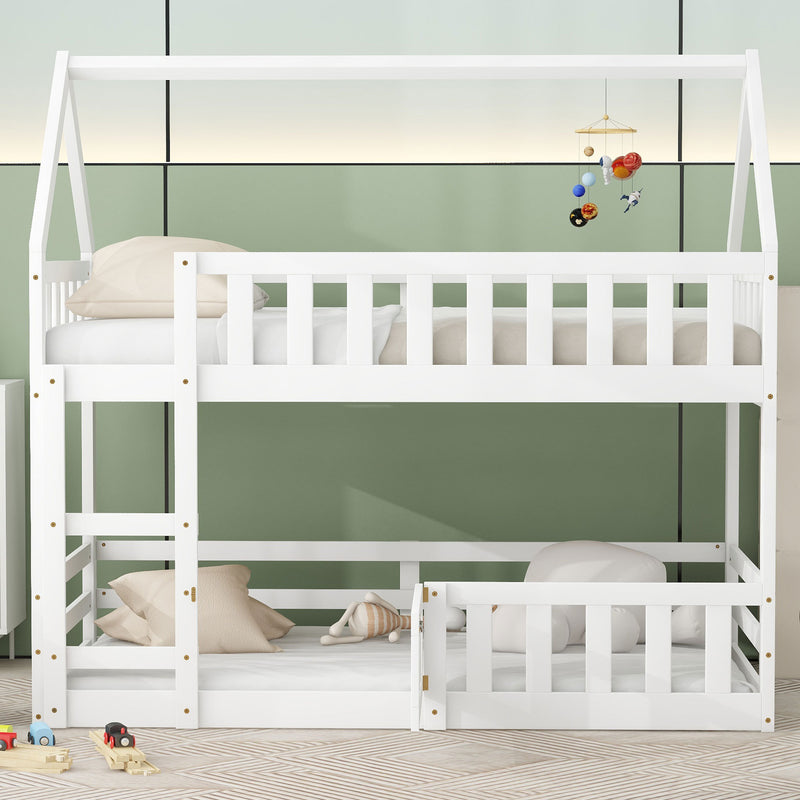 Twin over Twin House Bunk Bed with Fence and Door, White