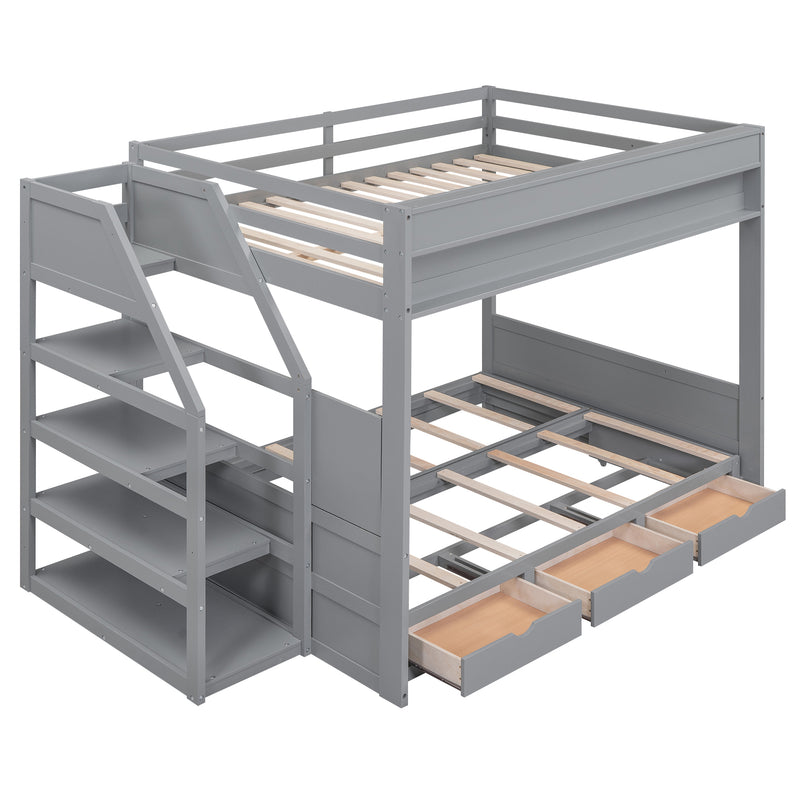 Wood Full Size Convertible Bunk Bed with Storage Staircase, Bedside Table, and 3 Drawers, Gray